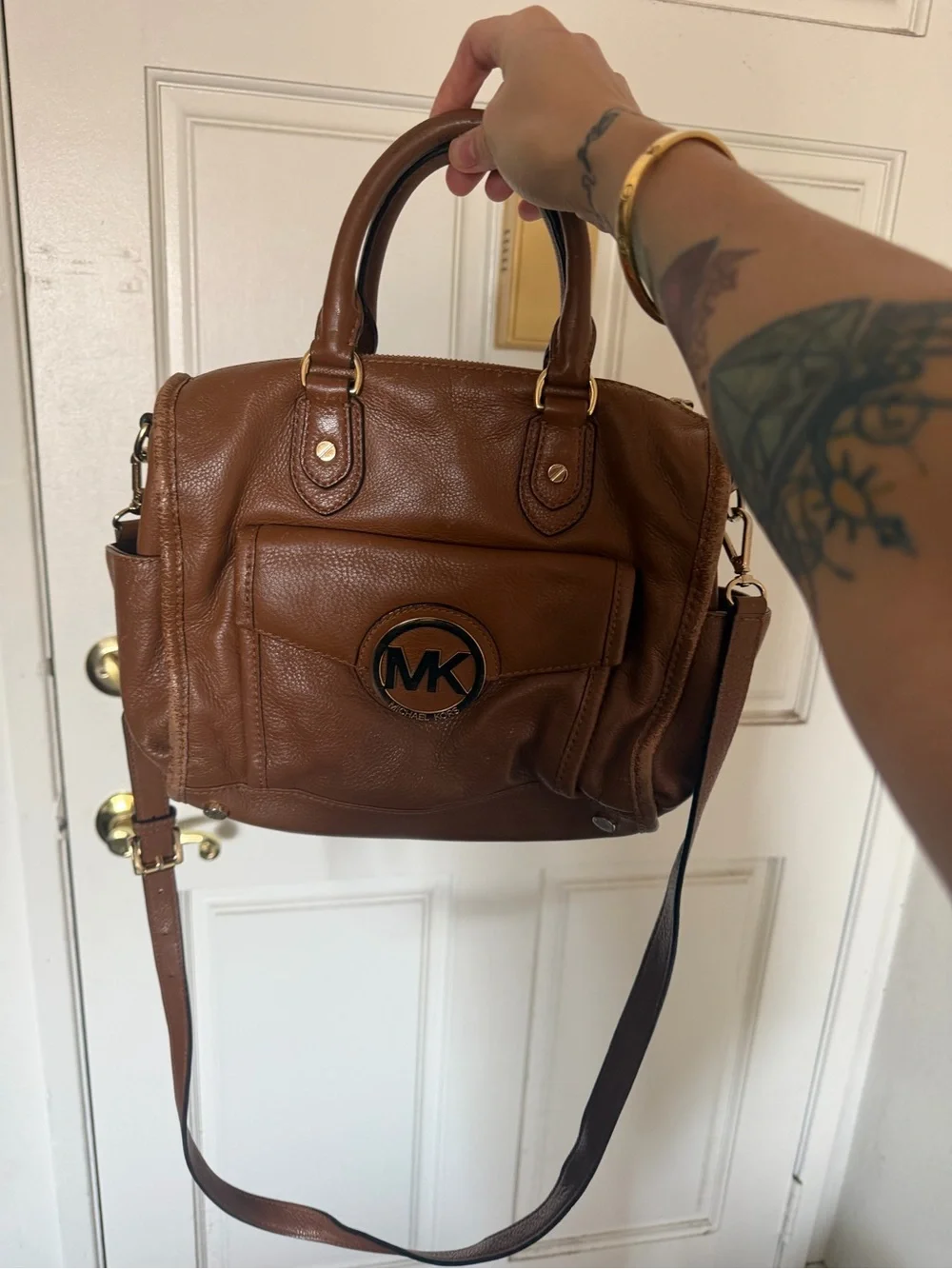 Michael Kors Brown Leather Satchel with Gold MK Emblem